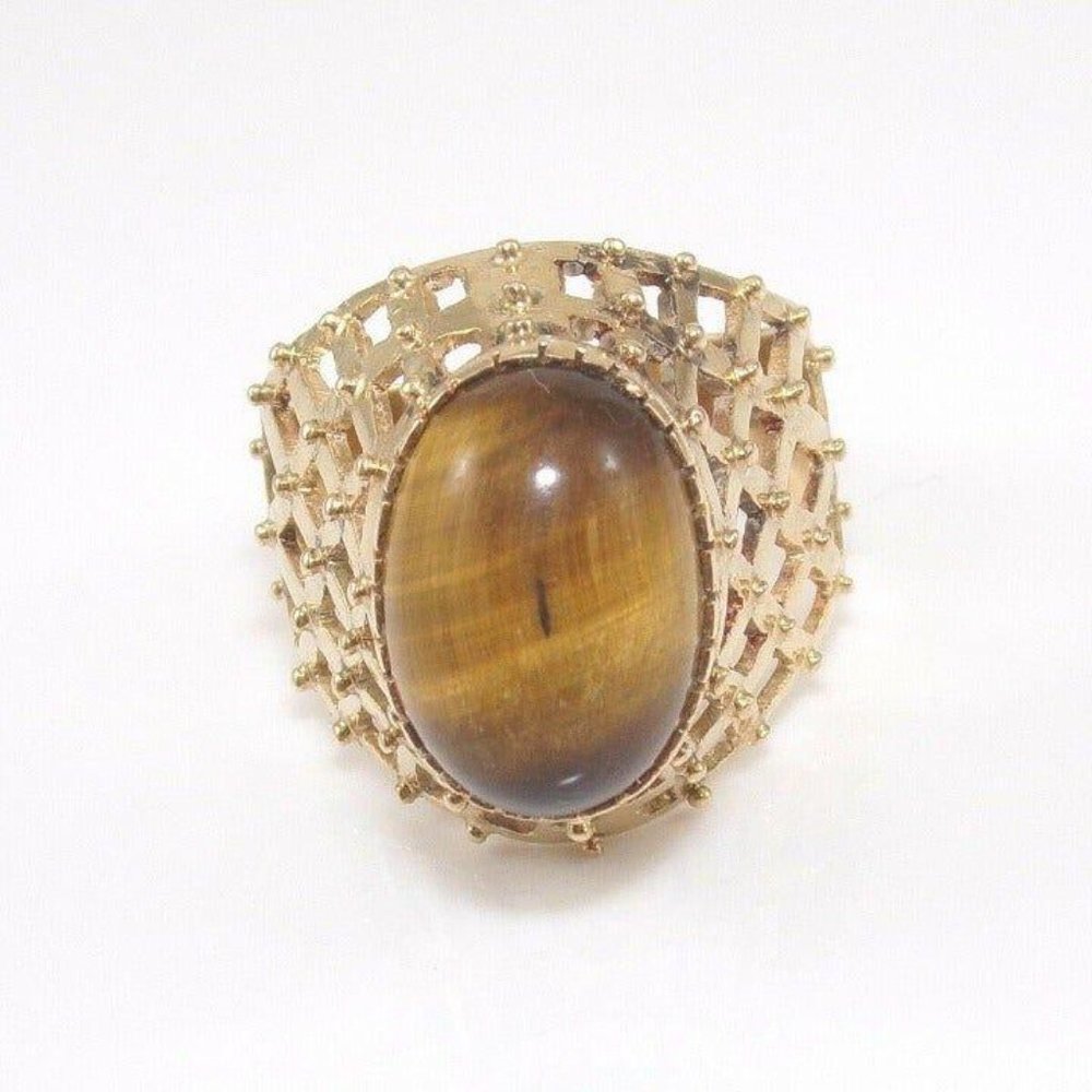 18K Gold Tiger’s Eye Cocktail Ring Size 6.25 - Picture 2 of 4
